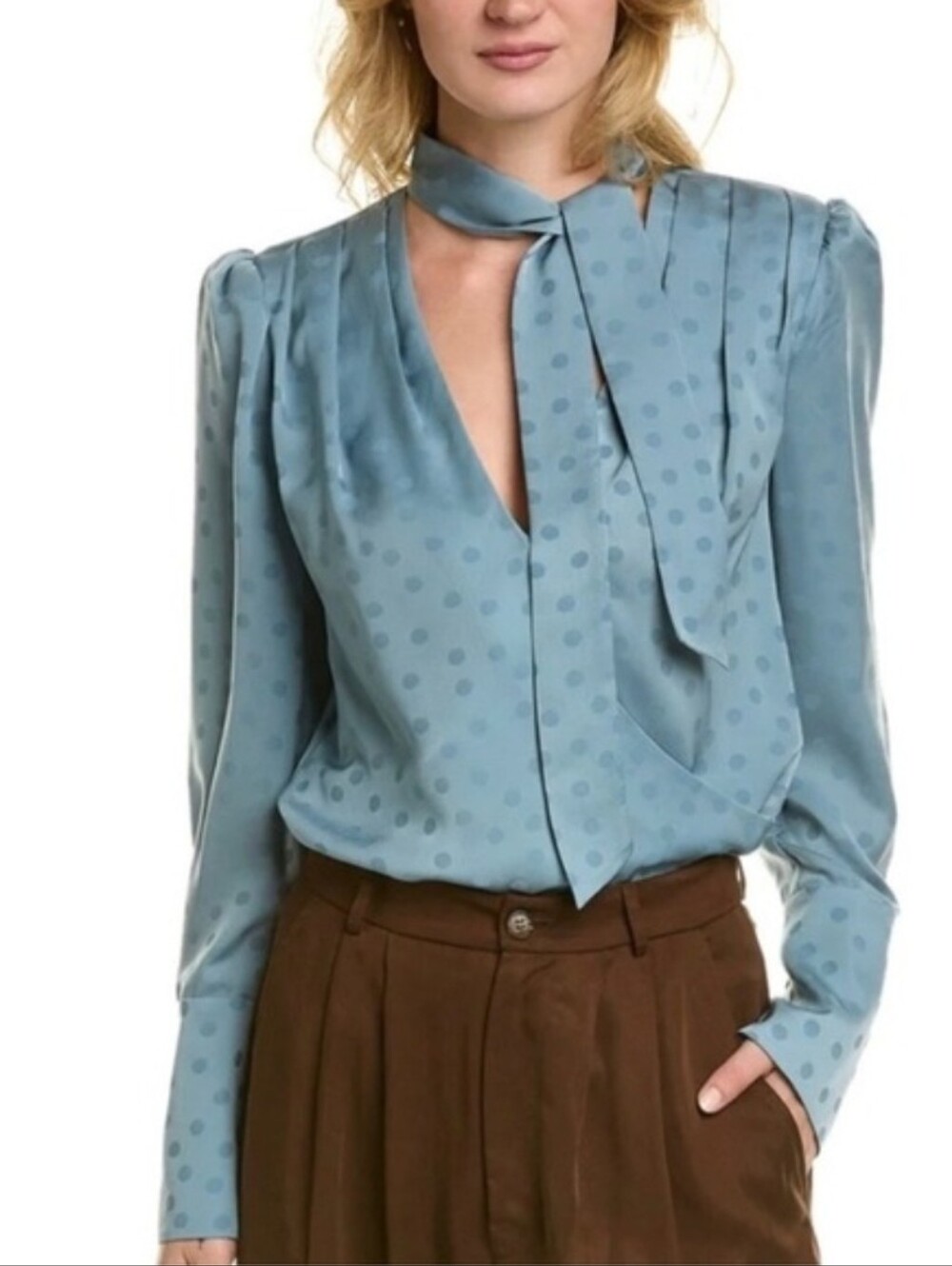 Favorite Daughter Women's Blue Polka Dot Silk Tie Neck Blouse